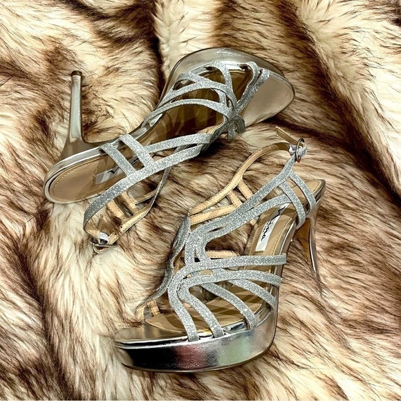 Nina New York | Strappy Silver Metallic Glitter Stiletto Heels | Size 7 Women’s - Picture 1 of 6